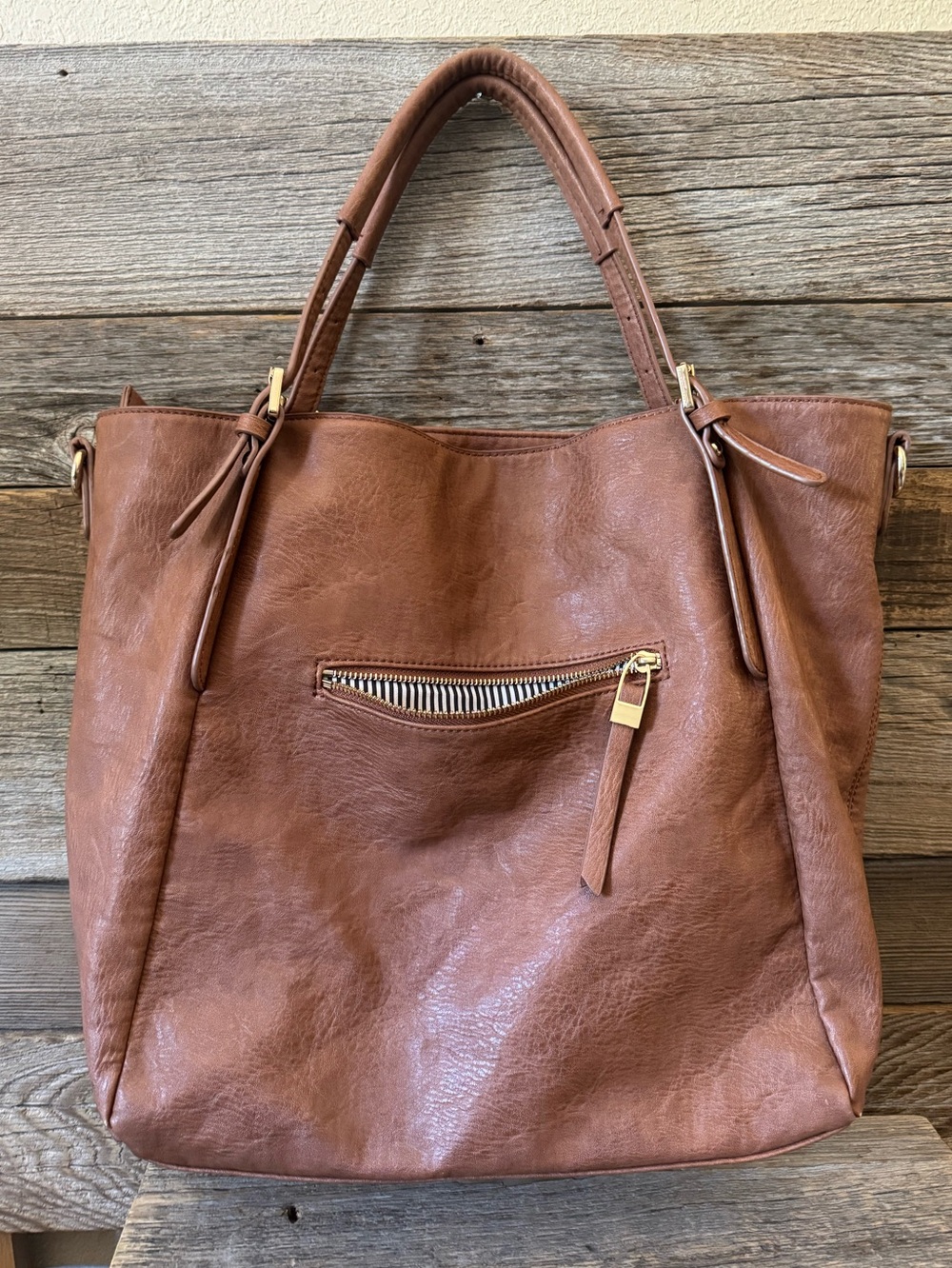 Urban Expressions Jak zipper tote in brown faux leather with front zippers